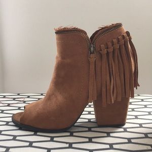 Fringe Brown Suede Open-Toe Booties